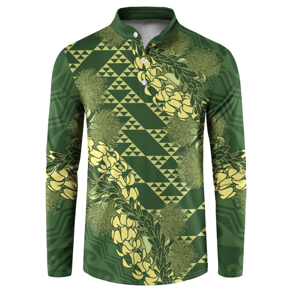 Green Aloha Hawaii Button Sweatshirt Hawaiian Kakau Ohia Lehua Lei - Polynesian Pride
