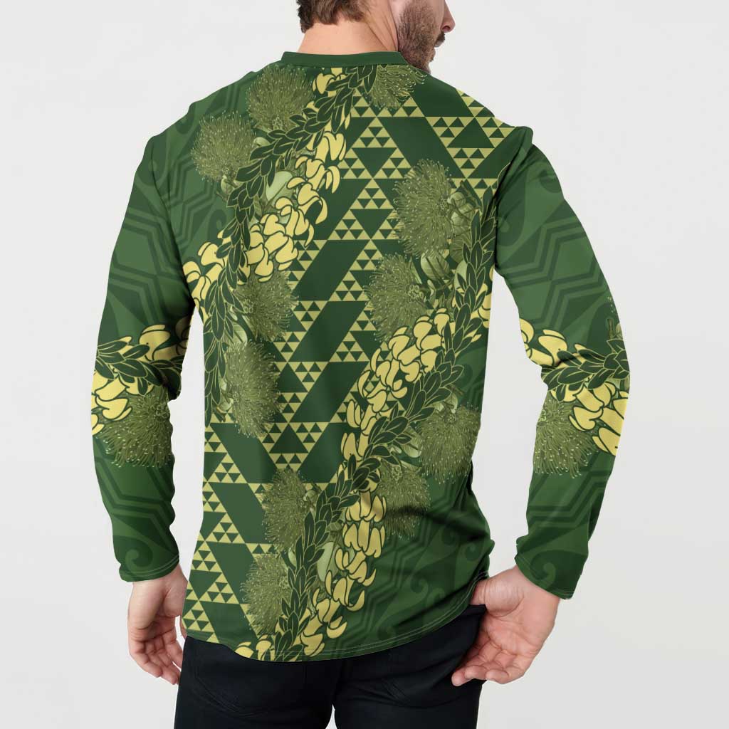 Green Aloha Hawaii Button Sweatshirt Hawaiian Kakau Ohia Lehua Lei - Polynesian Pride