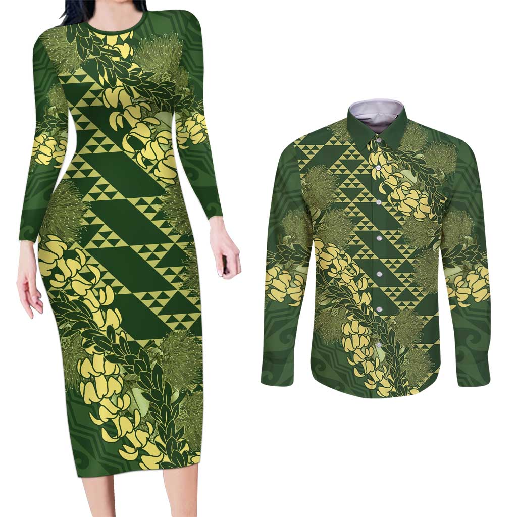 Green Aloha Hawaii Couples Matching Long Sleeve Bodycon Dress and Long Sleeve Button Shirt Hawaiian Kakau Ohia Lehua Lei - Polynesian Pride