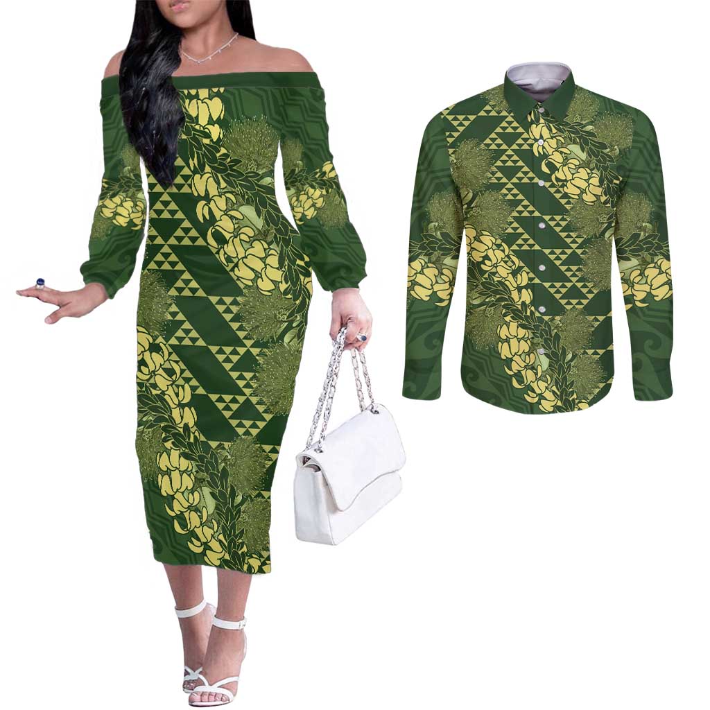 Green Aloha Hawaii Couples Matching Off The Shoulder Long Sleeve Dress and Long Sleeve Button Shirt Hawaiian Kakau Ohia Lehua Lei - Polynesian Pride