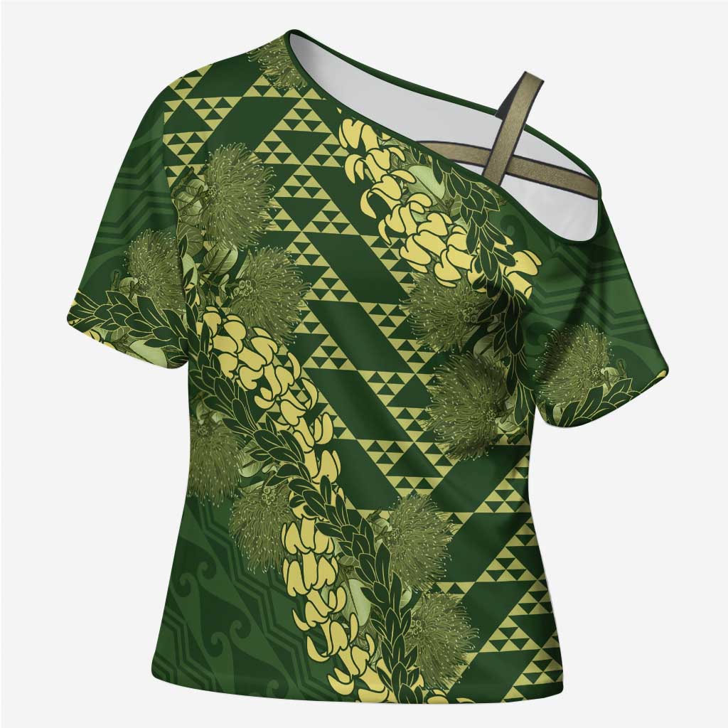 Green Aloha Hawaii Cross Shoulder Shirt Hawaiian Kakau Ohia Lehua Lei - Polynesian Pride