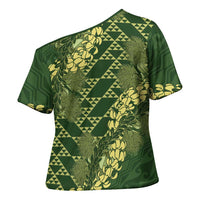 Green Aloha Hawaii Cross Shoulder Shirt Hawaiian Kakau Ohia Lehua Lei - Polynesian Pride