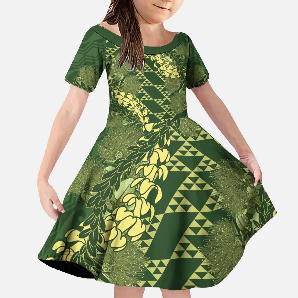 Green Aloha Hawaii Family Matching Long Sleeve Bodycon Dress and Hawaiian Shirt Hawaiian Kakau Ohia Lehua Lei LT14 Daughter's Dress Green - Polynesian Pride