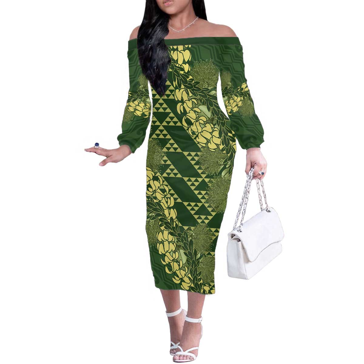 Green Aloha Hawaii Family Matching Off The Shoulder Long Sleeve Dress and Hawaiian Shirt Hawaiian Kakau Ohia Lehua Lei - Polynesian Pride