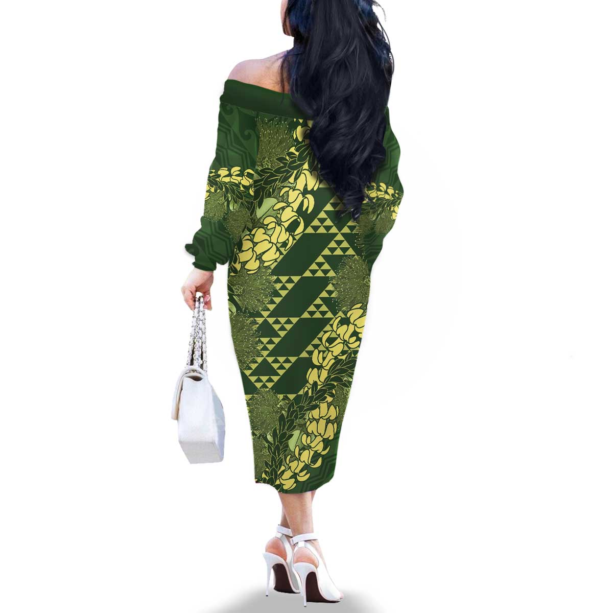 Green Aloha Hawaii Family Matching Off The Shoulder Long Sleeve Dress and Hawaiian Shirt Hawaiian Kakau Ohia Lehua Lei - Polynesian Pride
