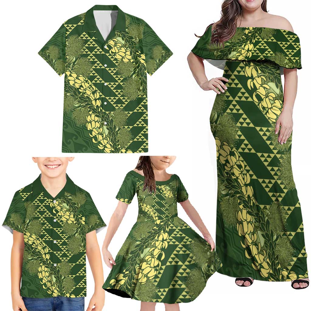Green Aloha Hawaii Family Matching Off Shoulder Maxi Dress and Hawaiian Shirt Hawaiian Kakau Ohia Lehua Lei - Polynesian Pride