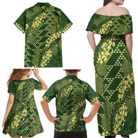 Green Aloha Hawaii Family Matching Off Shoulder Maxi Dress and Hawaiian Shirt Hawaiian Kakau Ohia Lehua Lei - Polynesian Pride