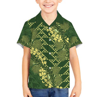 Green Aloha Hawaii Family Matching Off Shoulder Maxi Dress and Hawaiian Shirt Hawaiian Kakau Ohia Lehua Lei - Polynesian Pride