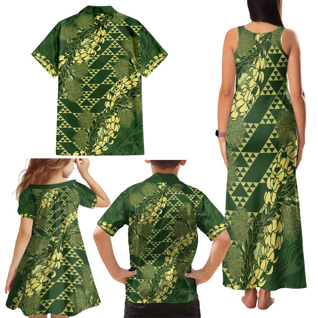 Green Aloha Hawaii Family Matching Tank Maxi Dress and Hawaiian Shirt Hawaiian Kakau Ohia Lehua Lei - Polynesian Pride