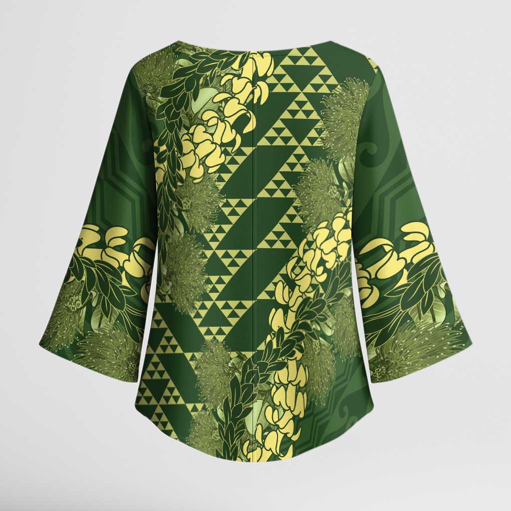 Green Aloha Hawaii Kimono Sleeve Blouse Hawaiian Kakau Ohia Lehua Lei - Polynesian Pride