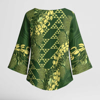 Green Aloha Hawaii Kimono Sleeve Blouse Hawaiian Kakau Ohia Lehua Lei - Polynesian Pride
