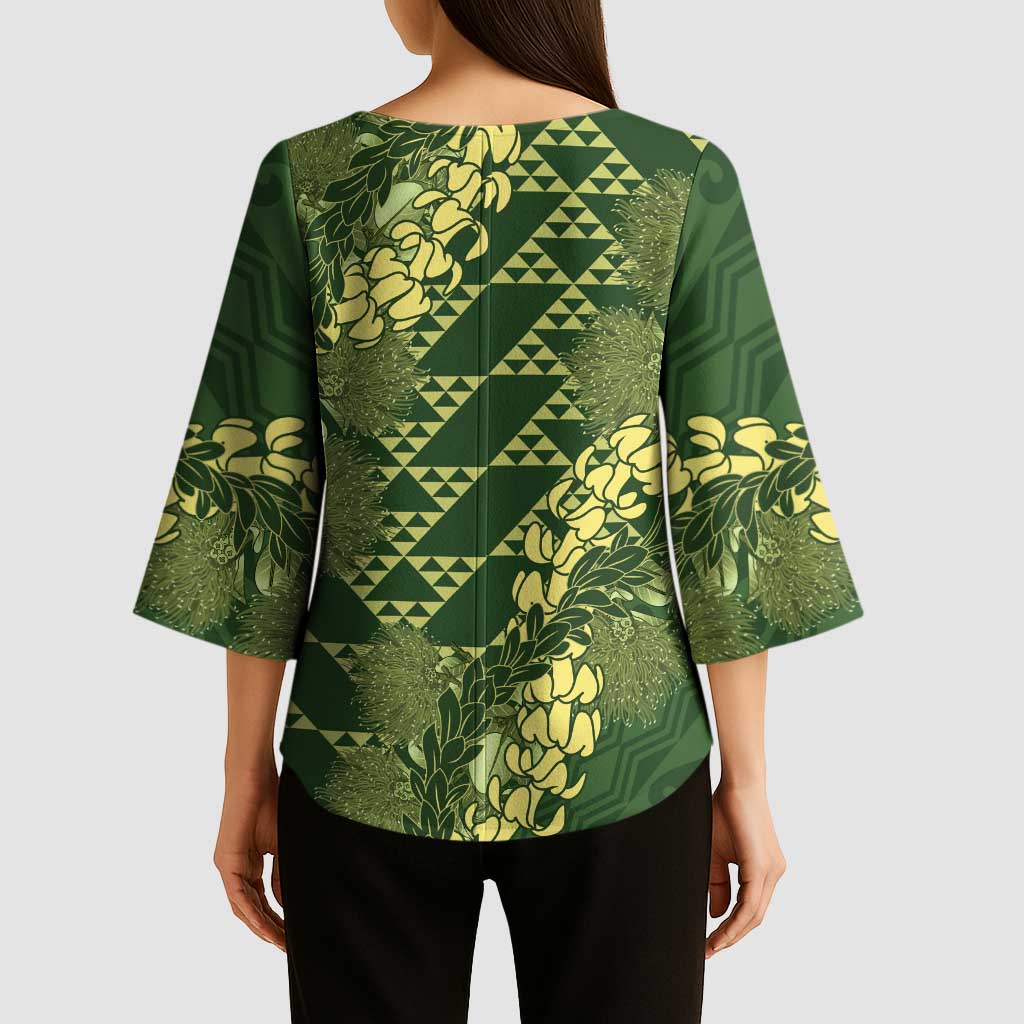 Green Aloha Hawaii Kimono Sleeve Blouse Hawaiian Kakau Ohia Lehua Lei - Polynesian Pride