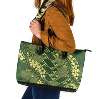 Green Aloha Hawaii Leather Tote Bag Hawaiian Kakau Ohia Lehua Lei - Polynesian Pride