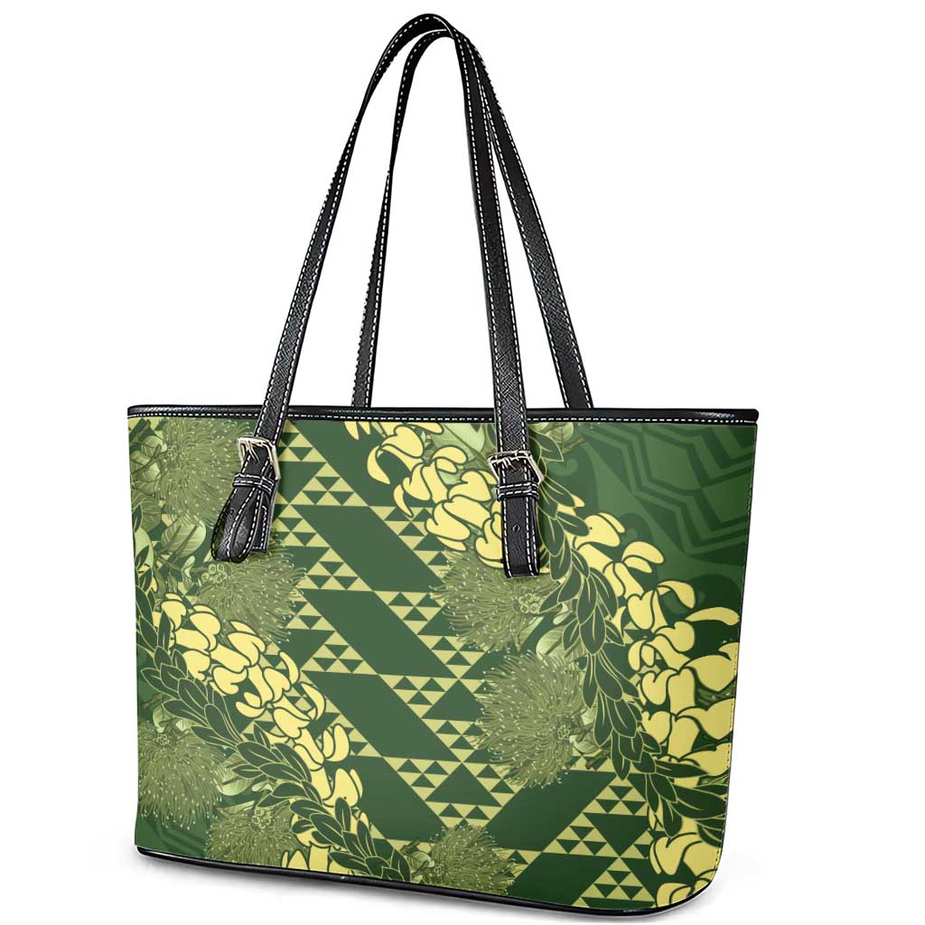 Green Aloha Hawaii Leather Tote Bag Hawaiian Kakau Ohia Lehua Lei - Polynesian Pride