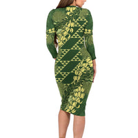 Green Aloha Hawaii Long Sleeve Bodycon Dress Hawaiian Kakau Ohia Lehua Lei - Polynesian Pride