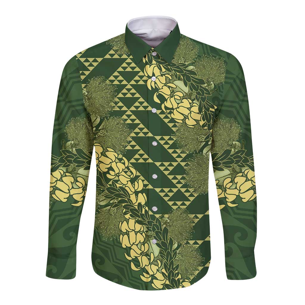 Green Aloha Hawaii Long Sleeve Button Shirt Hawaiian Kakau Ohia Lehua Lei - Polynesian Pride
