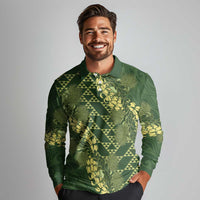 Green Aloha Hawaii Long Sleeve Polo Shirt Hawaiian Kakau Ohia Lehua Lei - Polynesian Pride