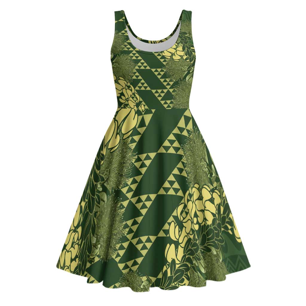 Green Aloha Hawaii Midi Dress Hawaiian Kakau Ohia Lehua Lei