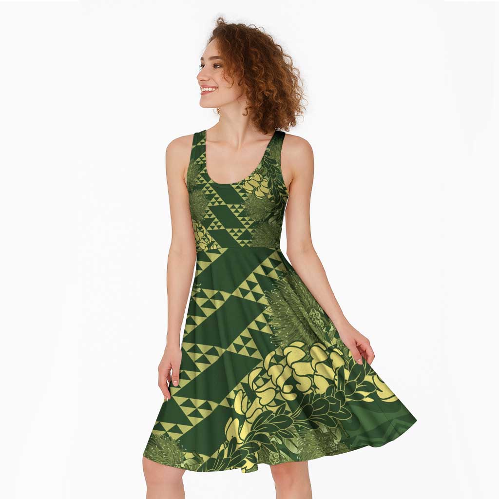 Green Aloha Hawaii Midi Dress Hawaiian Kakau Ohia Lehua Lei - Polynesian Pride