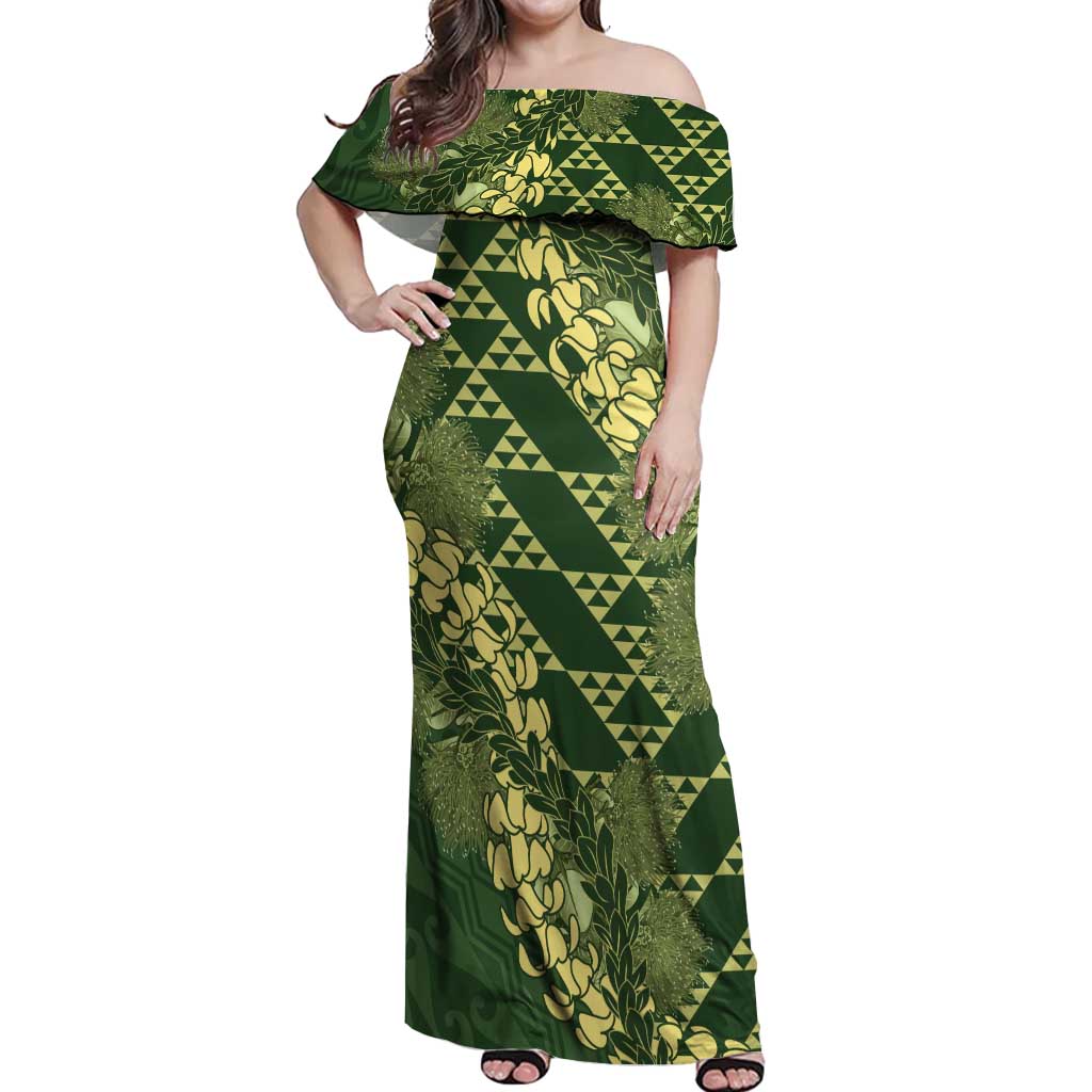 Green Aloha Hawaii Off Shoulder Maxi Dress Hawaiian Kakau Ohia Lehua Lei