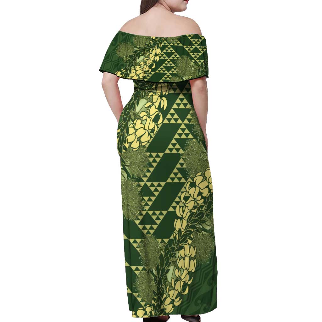 hawaiian maxi dresses Green Aloha Hawaii Off Shoulder Maxi Dress Hawaiian Kakau Ohia Lehua Lei