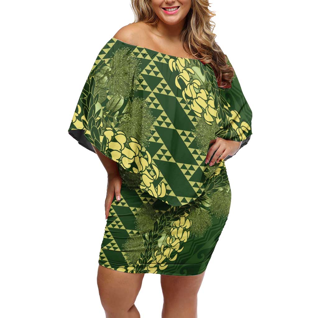 Green Aloha Hawaii Off Shoulder Short Dress Hawaiian Kakau Ohia Lehua Lei LT14 Women Green - Polynesian Pride