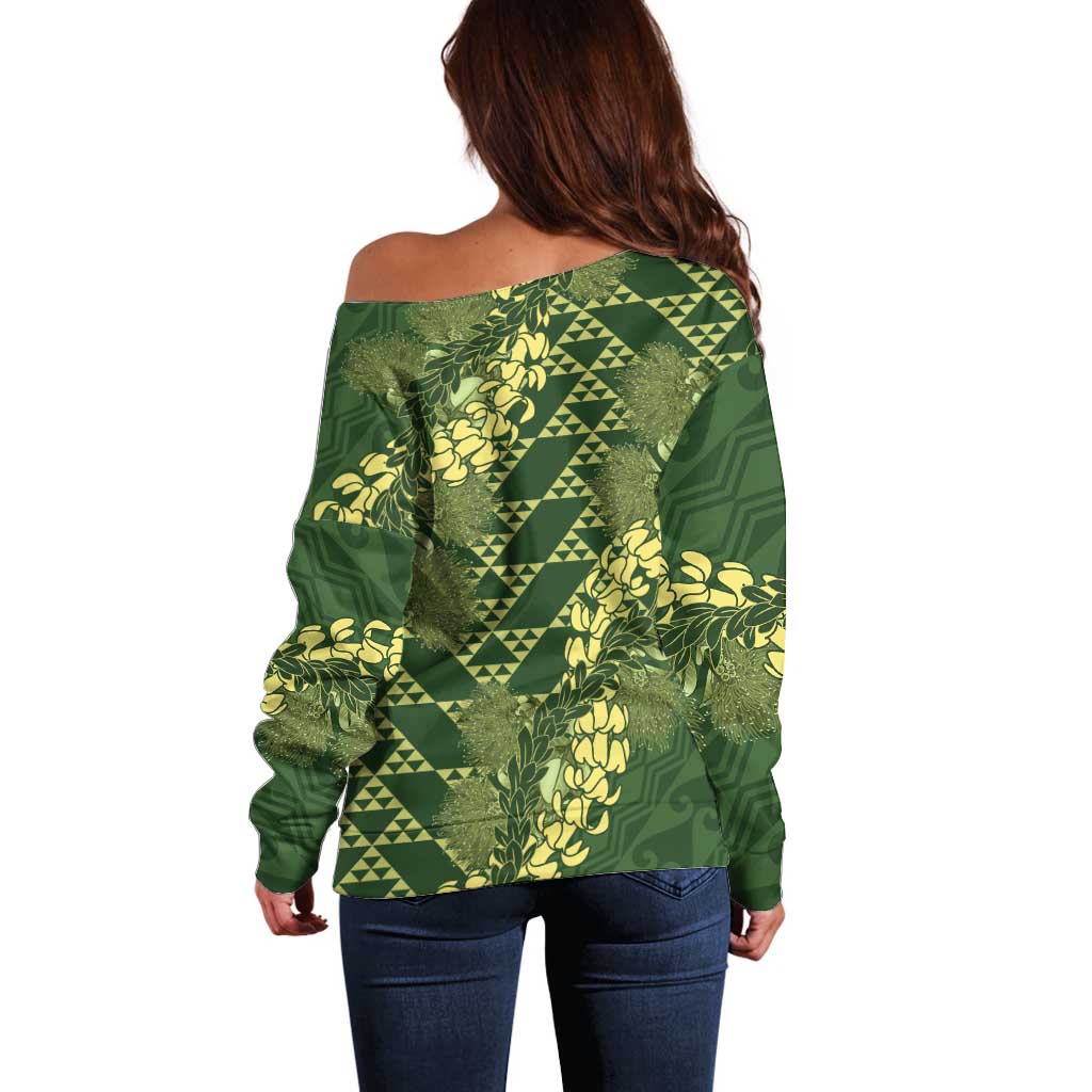 Green Aloha Hawaii Off Shoulder Sweater Hawaiian Kakau Ohia Lehua Lei - Polynesian Pride