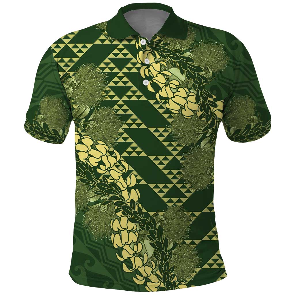 Green Aloha Hawaii Polo Shirt Hawaiian Kakau Ohia Lehua Lei - Polynesian Pride