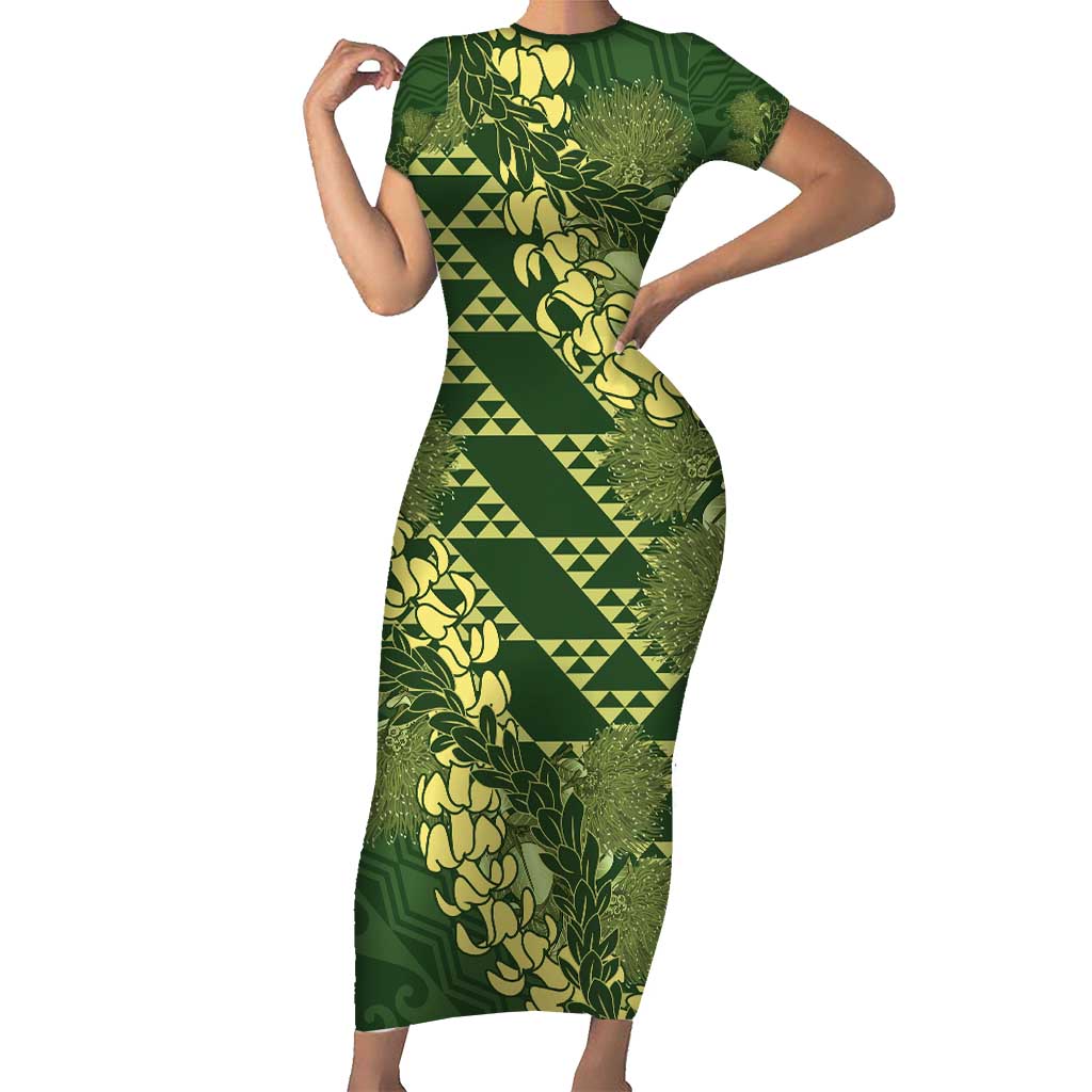 Green Aloha Hawaii Short Sleeve Bodycon Dress Hawaiian Kakau Ohia Lehua Lei 