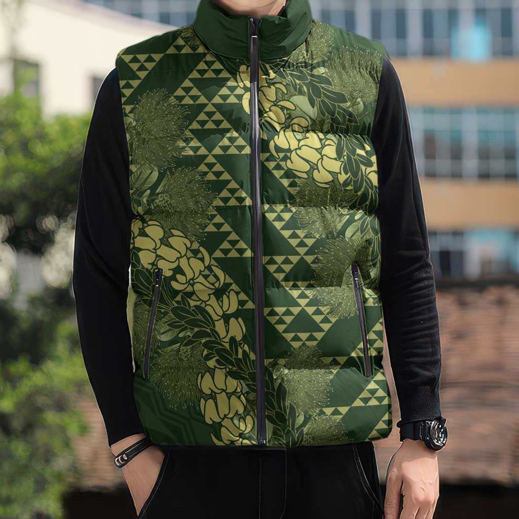 Green Aloha Hawaii Sleeveless Puffer Jacket Hawaiian Kakau Ohia Lehua Lei - Polynesian Pride