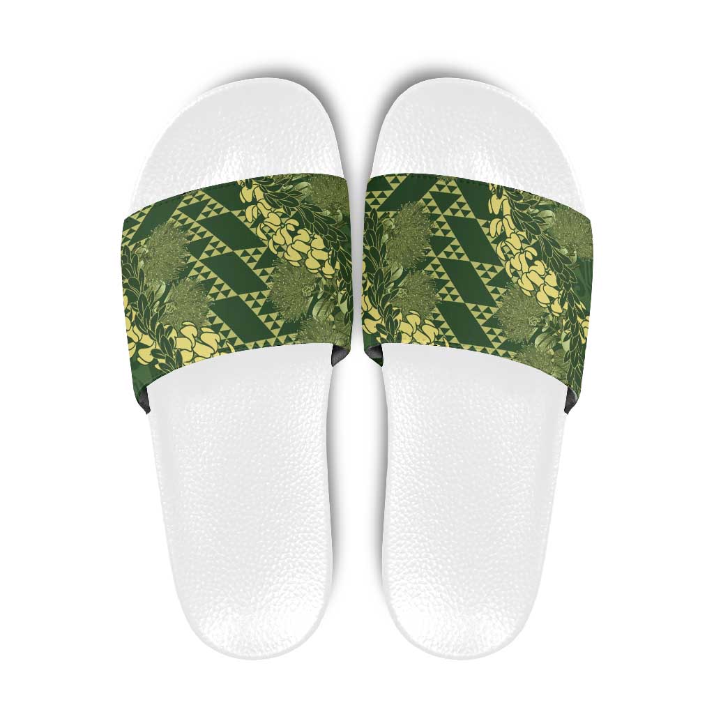 Green Aloha Hawaii Slide Sandals Hawaiian Kakau Ohia Lehua Lei - Polynesian Pride