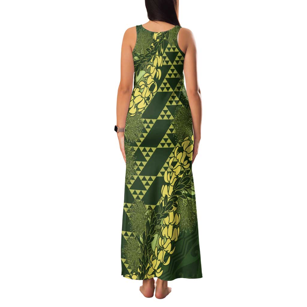 Green Aloha Hawaii Tank Maxi Dress Hawaiian Kakau Ohia Lehua Lei - Polynesian Pride