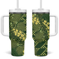 Green Aloha Hawaii Tumbler With Handle Hawaiian Kakau Ohia Lehua Lei - Polynesian Pride