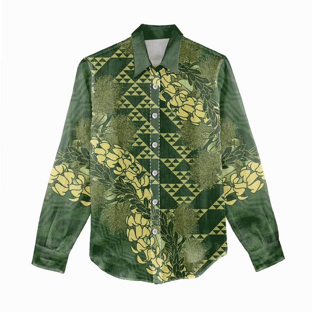 Green Aloha Hawaii Women Casual Shirt Hawaiian Kakau Ohia Lehua Lei - Polynesian Pride