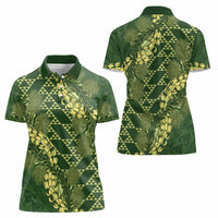 Green Aloha Hawaii Women Polo Shirt Hawaiian Kakau Ohia Lehua Lei - Polynesian Pride