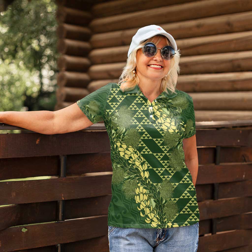 Green Aloha Hawaii Women Polo Shirt Hawaiian Kakau Ohia Lehua Lei - Polynesian Pride