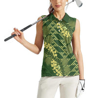 Green Aloha Hawaii Women Sleeveless Polo Shirt Hawaiian Kakau Ohia Lehua Lei - Polynesian Pride