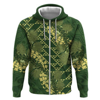 Green Aloha Hawaii Zip Hoodie Hawaiian Kakau Ohia Lehua Lei - Polynesian Pride