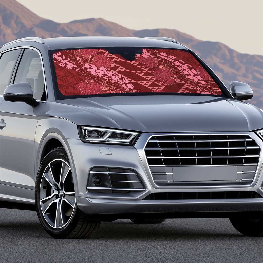 Maroon Aloha Hawaii Auto Sun Shade Hawaiian Kakau Ohia Lehua Lei - Polynesian Pride