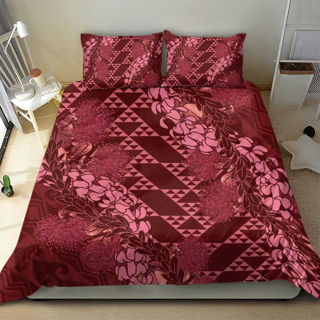 Maroon Aloha Hawaii Bedding Set Hawaiian Kakau Ohia Lehua Lei - Polynesian Pride