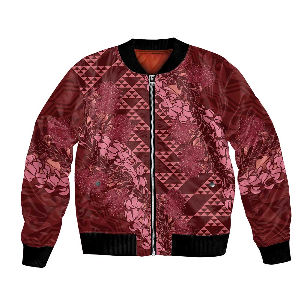 Maroon Aloha Hawaii Bomber Jacket Hawaiian Kakau Ohia Lehua Lei - Polynesian Pride