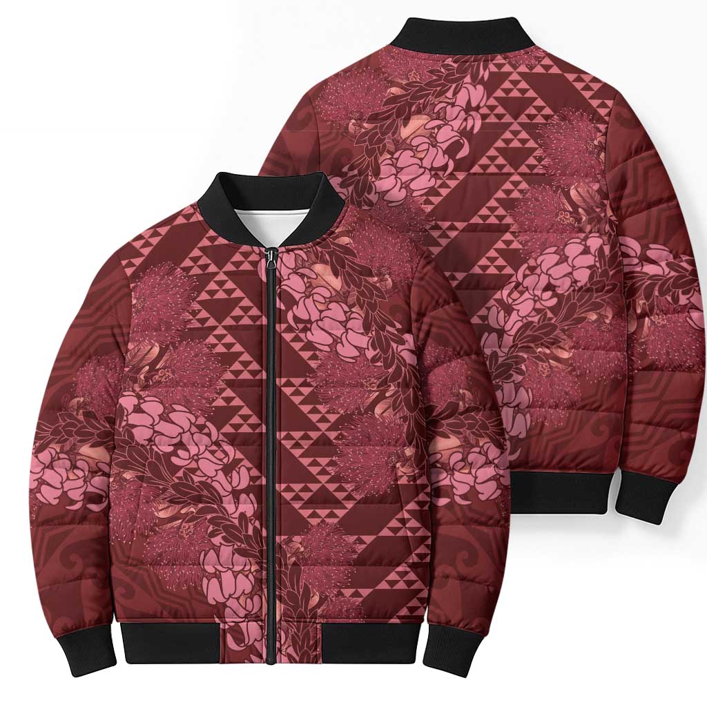 Maroon Aloha Hawaii Bomber Puffer Jacket Hawaiian Kakau Ohia Lehua Lei - Polynesian Pride