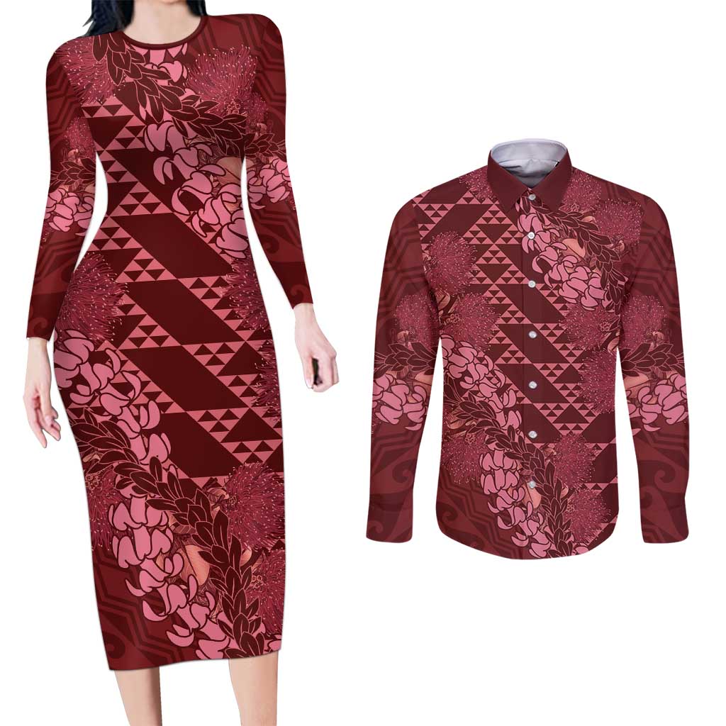 Maroon Aloha Hawaii Couples Matching Long Sleeve Bodycon Dress and Long Sleeve Button Shirt Hawaiian Kakau Ohia Lehua Lei - Polynesian Pride