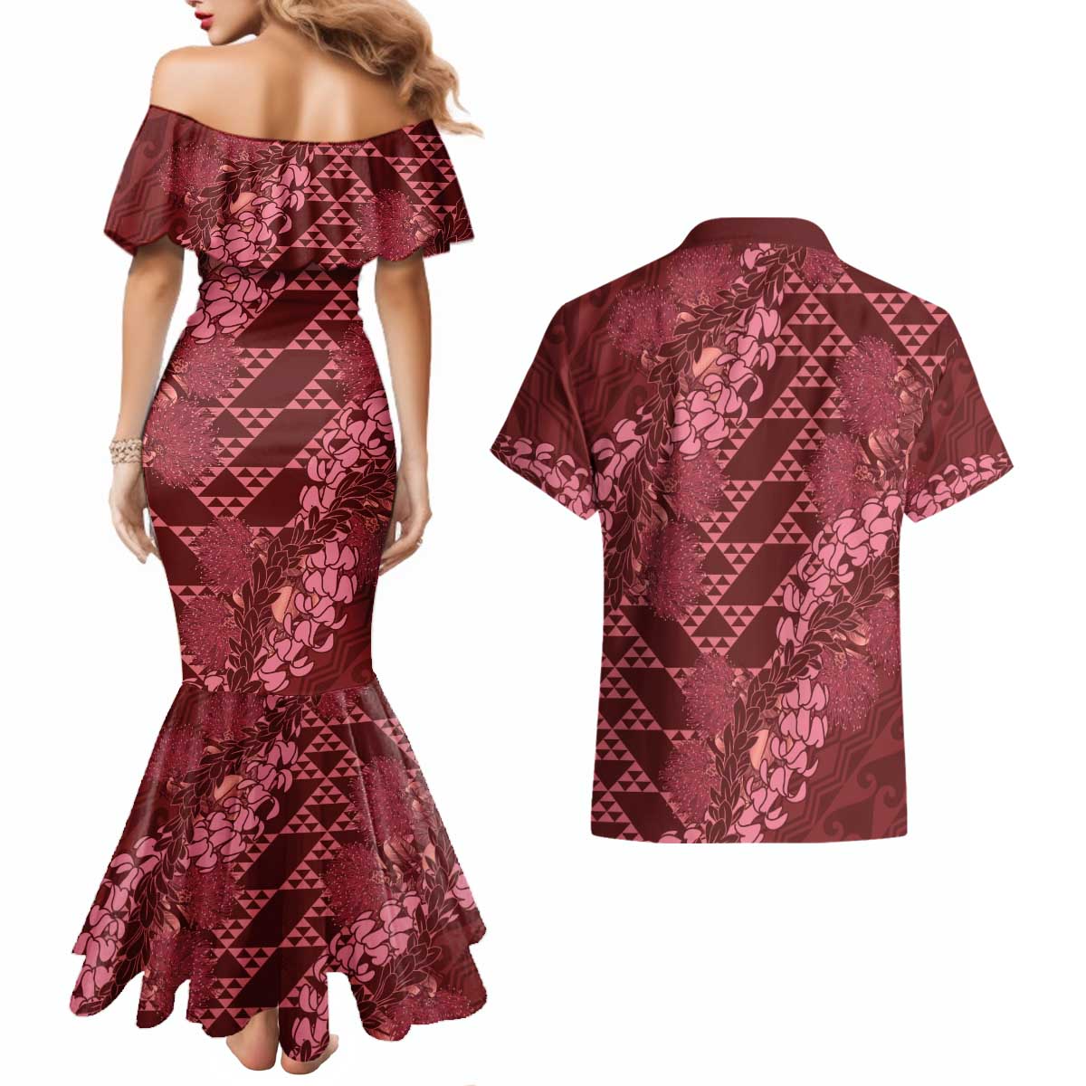Maroon Aloha Hawaii Couples Matching Mermaid Dress and Hawaiian Shirt Hawaiian Kakau Ohia Lehua Lei - Polynesian Pride