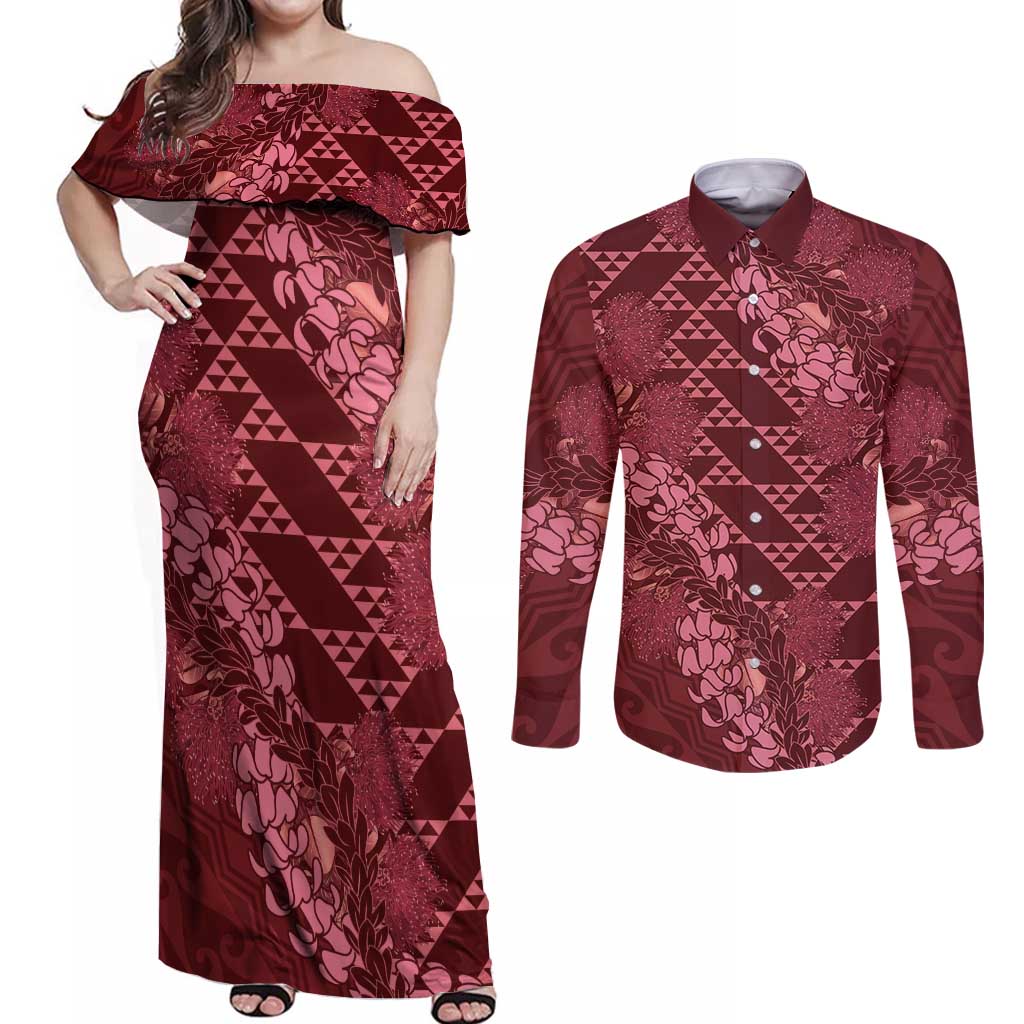 Maroon Aloha Hawaii Couples Matching Off Shoulder Maxi Dress and Long Sleeve Button Shirt Hawaiian Kakau Ohia Lehua Lei - Polynesian Pride