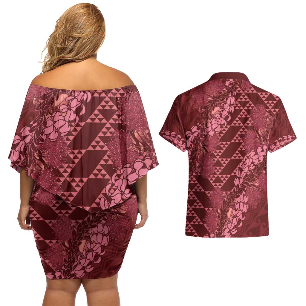 Maroon Aloha Hawaii Couples Matching Off Shoulder Short Dress and Hawaiian Shirt Hawaiian Kakau Ohia Lehua Lei - Polynesian Pride