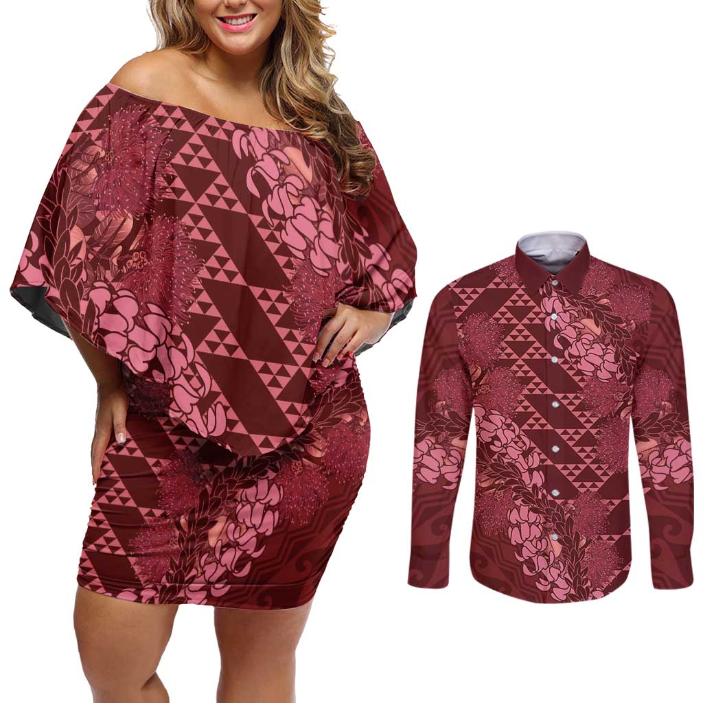 Maroon Aloha Hawaii Couples Matching Off Shoulder Short Dress and Long Sleeve Button Shirt Hawaiian Kakau Ohia Lehua Lei - Polynesian Pride