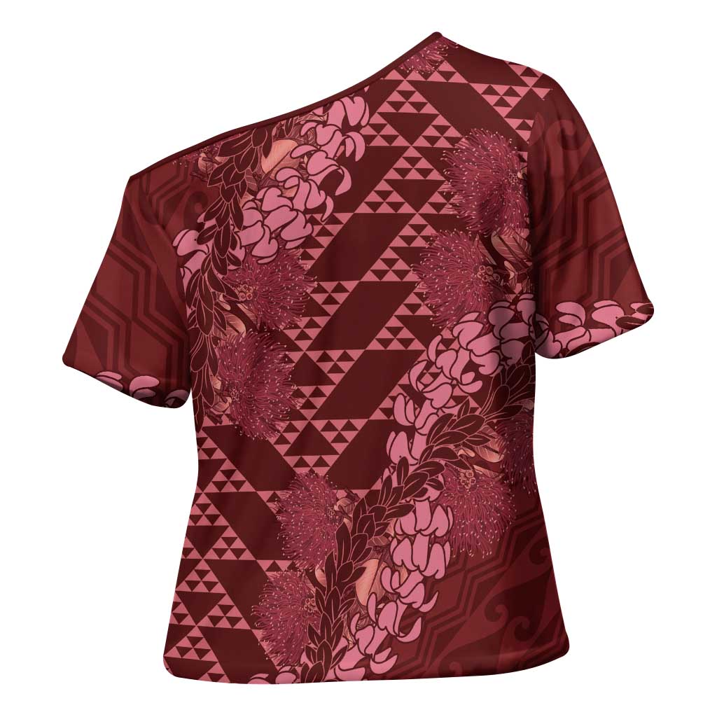Maroon Aloha Hawaii Cross Shoulder Shirt Hawaiian Kakau Ohia Lehua Lei - Polynesian Pride