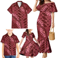 Maroon Aloha Hawaii Family Matching Mermaid Dress and Hawaiian Shirt Hawaiian Kakau Ohia Lehua Lei - Polynesian Pride