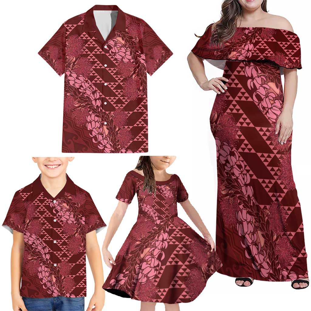 Maroon Aloha Hawaii Family Matching Off Shoulder Maxi Dress and Hawaiian Shirt Hawaiian Kakau Ohia Lehua Lei - Polynesian Pride